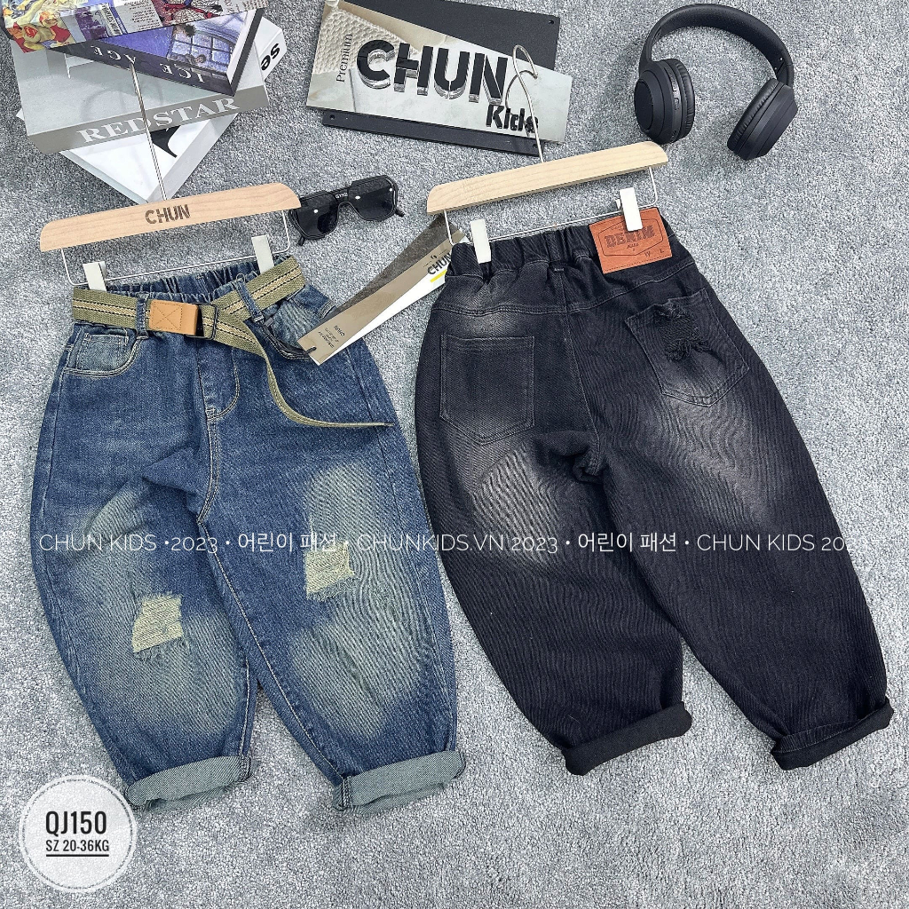 QJ150 - QUẦN jean đại CHUN rách 2 gối không hở chân nha - 903 cho Bé