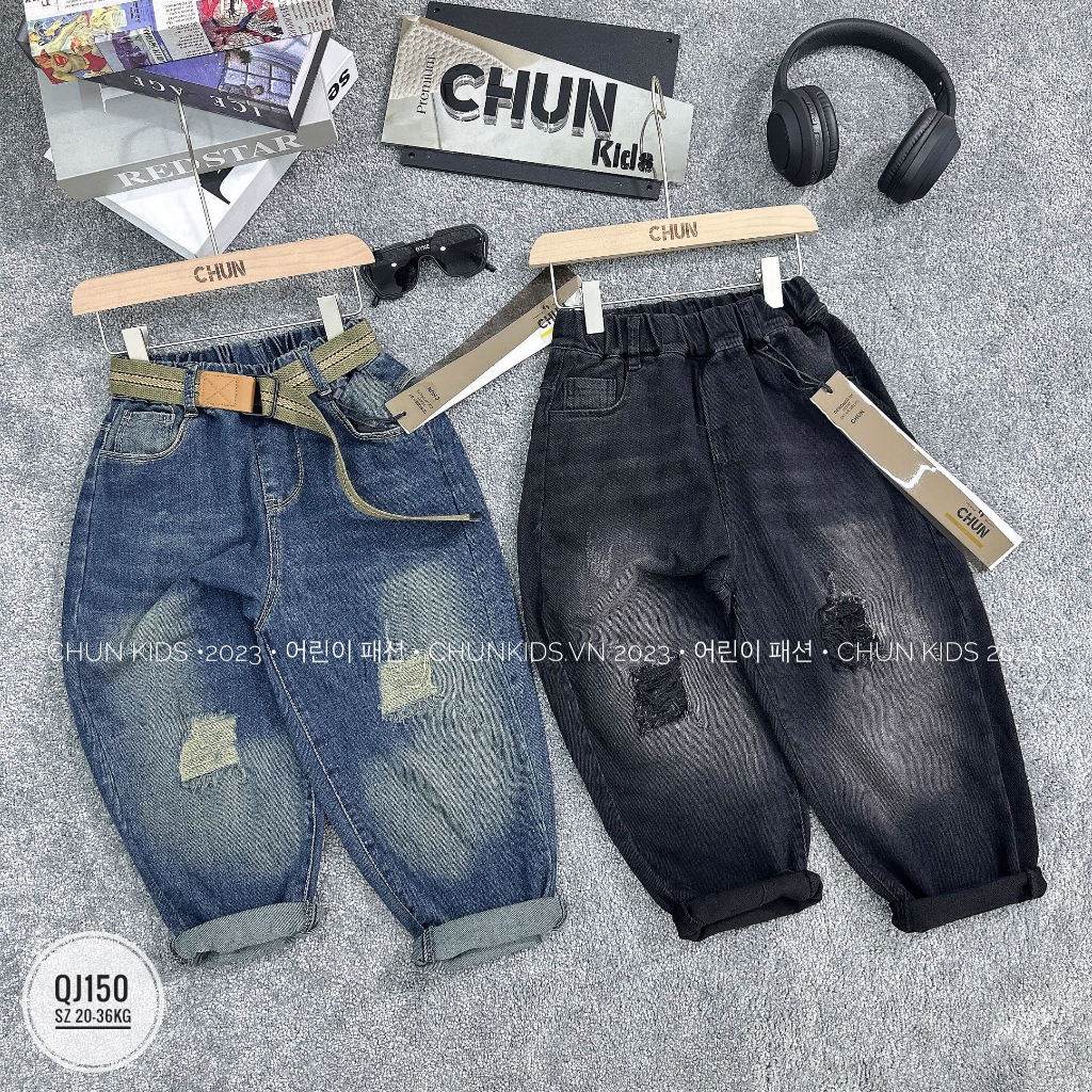 QJ150 - QUẦN jean đại CHUN rách 2 gối không hở chân nha - 903 cho Bé