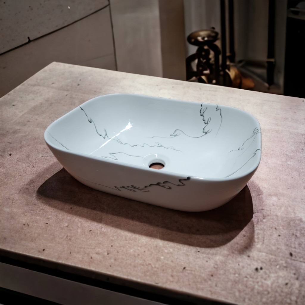 Chậu lavabo đặt bàn vân đá trắng 46*32cm