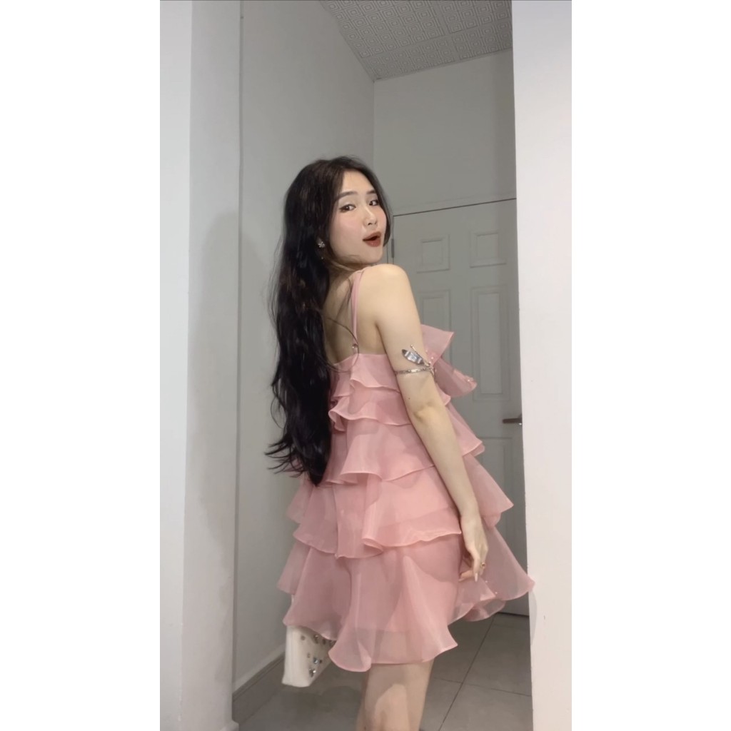 Váy nữ 2 dây dáng babydoll màu hồng phối hoa Bliz, đầm nữ dự tiệc ST104