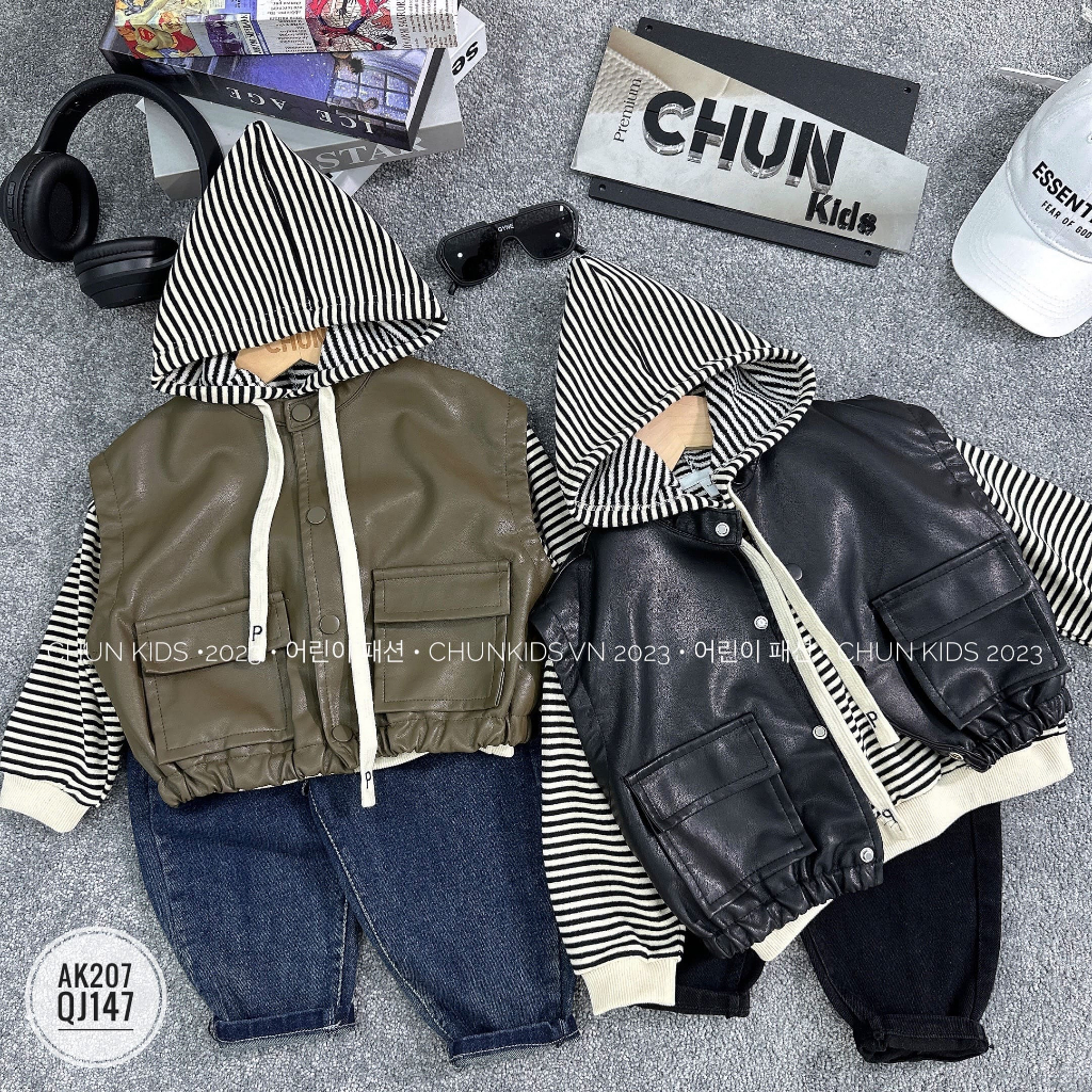 AK207 - SET khoác gile da cổ tàu mix hoodie kẻ - 2377 cho Bé