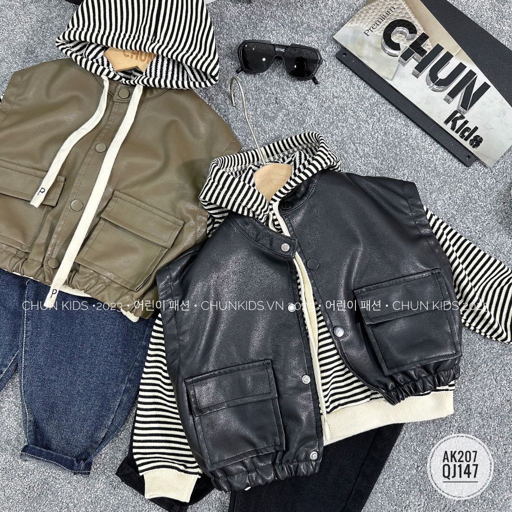 AK207 - SET khoác gile da cổ tàu mix hoodie kẻ - 2377 cho Bé