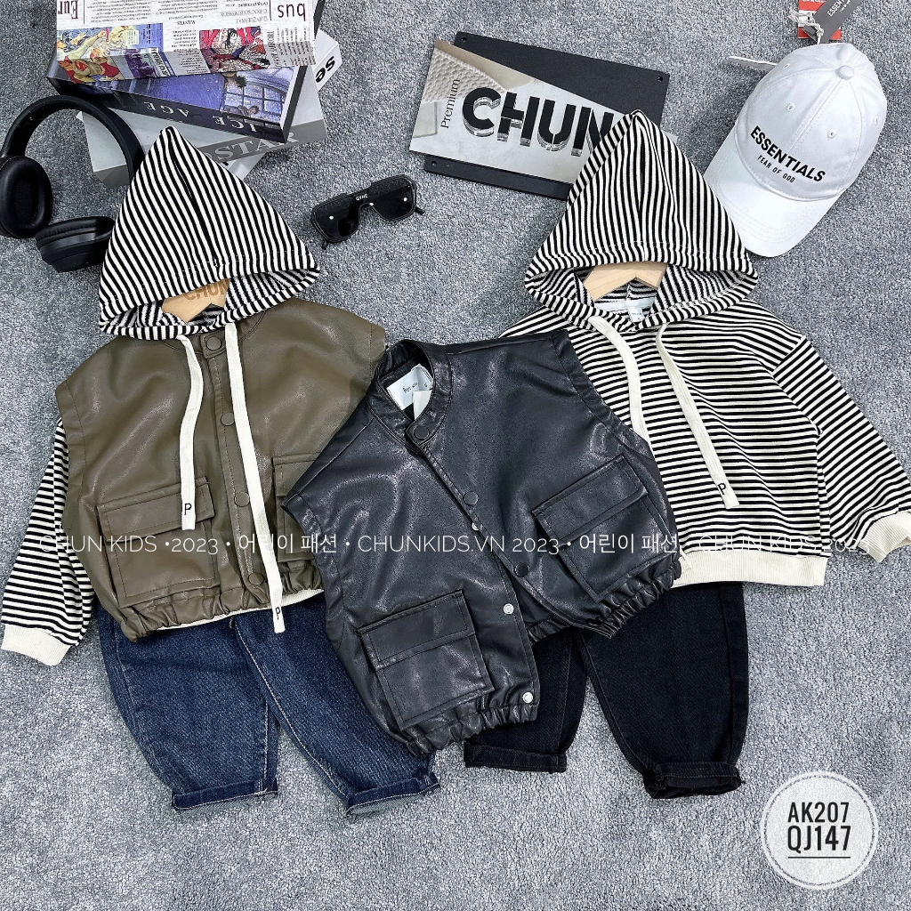 AK207 - SET khoác gile da cổ tàu mix hoodie kẻ - 2377 cho Bé
