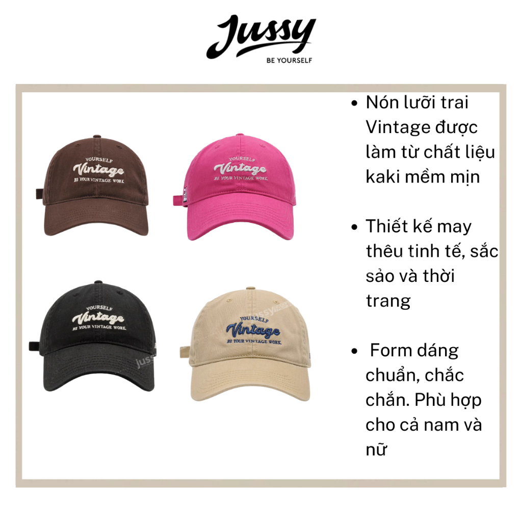 Nón Lưỡi Trai Nam Nữ Thời Trang Jussy Official Thêu Chữ VINTAGE Chất Vải Cotton Thoáng Mát Phong Cách Hàn Quốc Form Mềm
