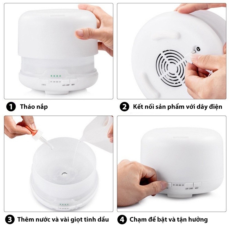 Máy xông tinh dầu siêu âm dung tích 500ml, Phun Sương Tạo Độ Ẩm, đèn LED 7 màu thay đổi