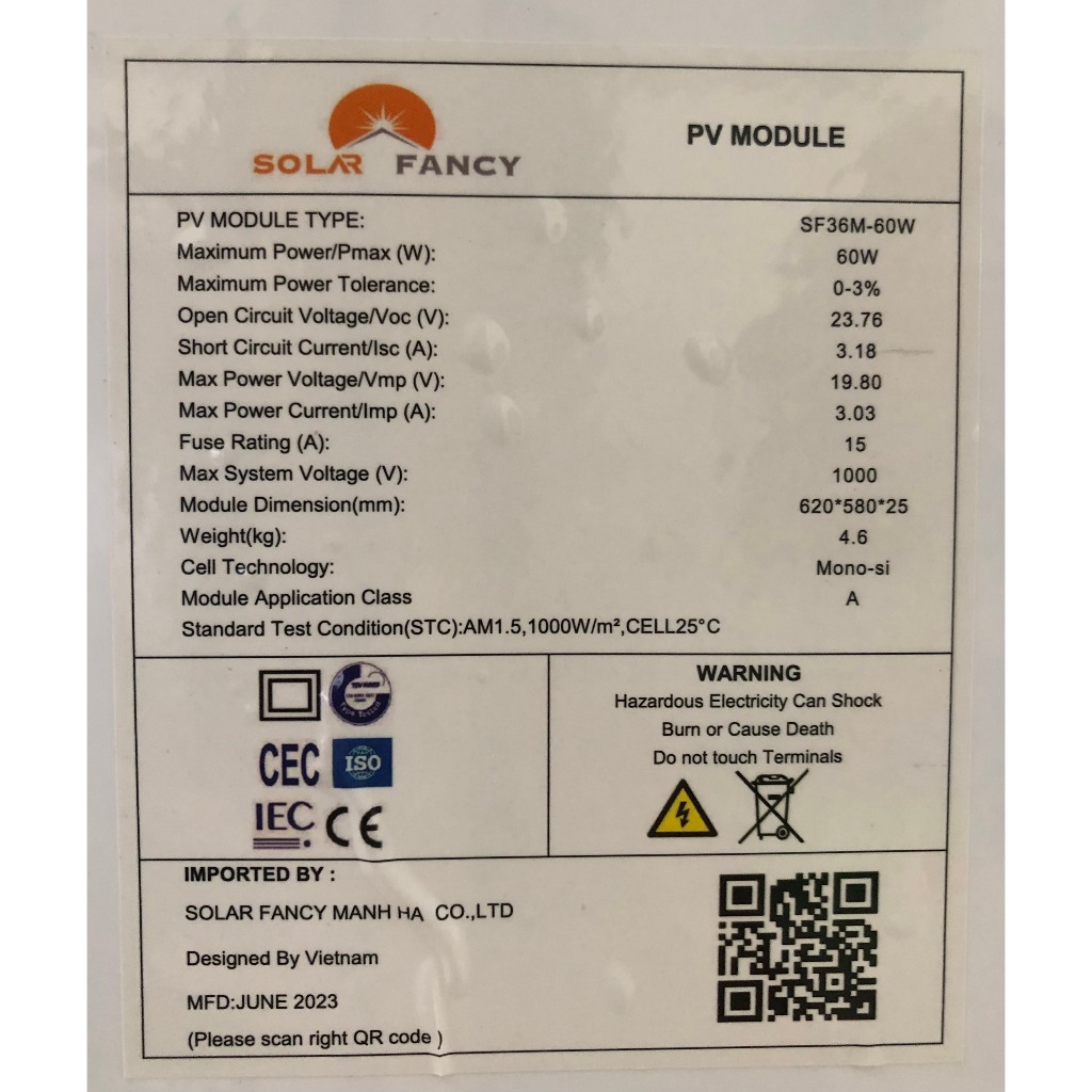 Tấm Pin Mặt Trời 60W  11 busbar Mono hãng Solar Fancy