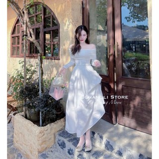 Đầm váy bẹt vai tay dài xoè nhún chanh sả tiểu thư Ht0163