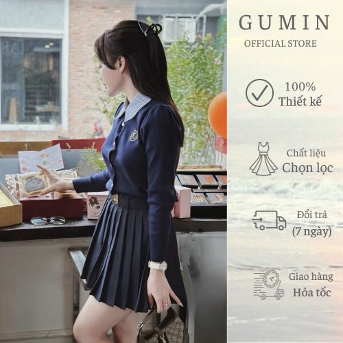 Set váy ngắn xếp ly GUMIN gồm áo phối cổ sơ mi kẻ mix chân váy xoè có lót quần sang trọng