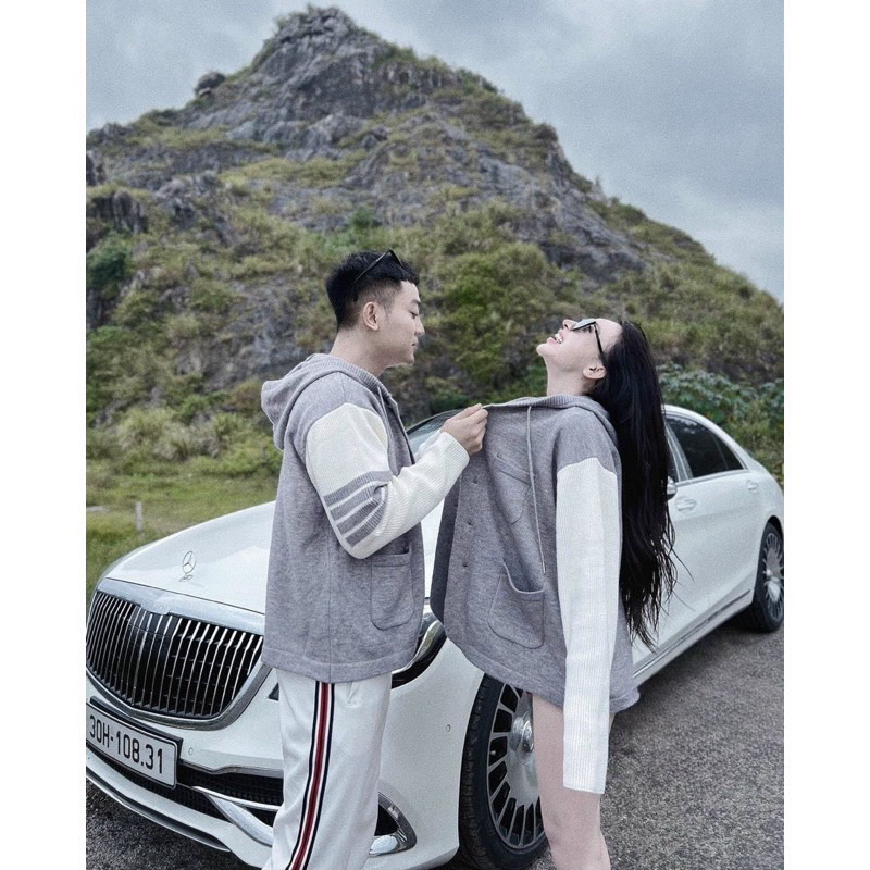 Áo khoác Thom xám mũ phối tay trắng siêu hót hít - chất nỉ dày mũ 2 lớp full size