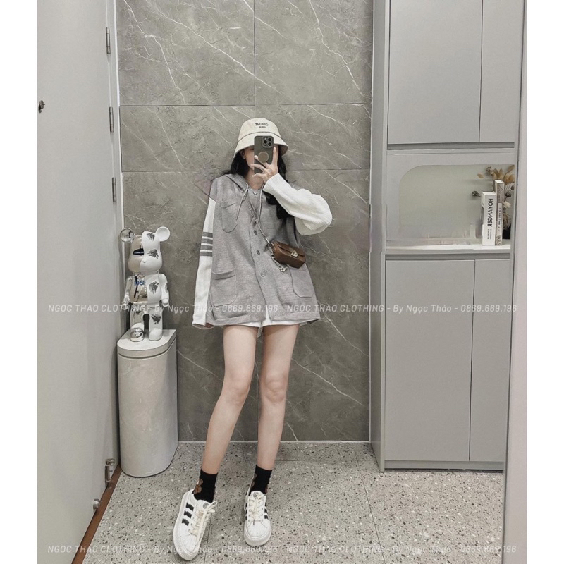 Áo khoác Thom xám mũ phối tay trắng siêu hót hít - chất nỉ dày mũ 2 lớp full size
