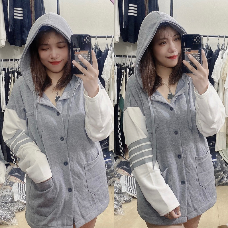 Áo khoác Thom xám mũ phối tay trắng siêu hót hít - chất nỉ dày mũ 2 lớp full size