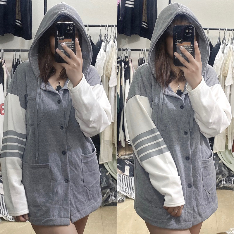 Áo khoác Thom xám mũ phối tay trắng siêu hót hít - chất nỉ dày mũ 2 lớp full size