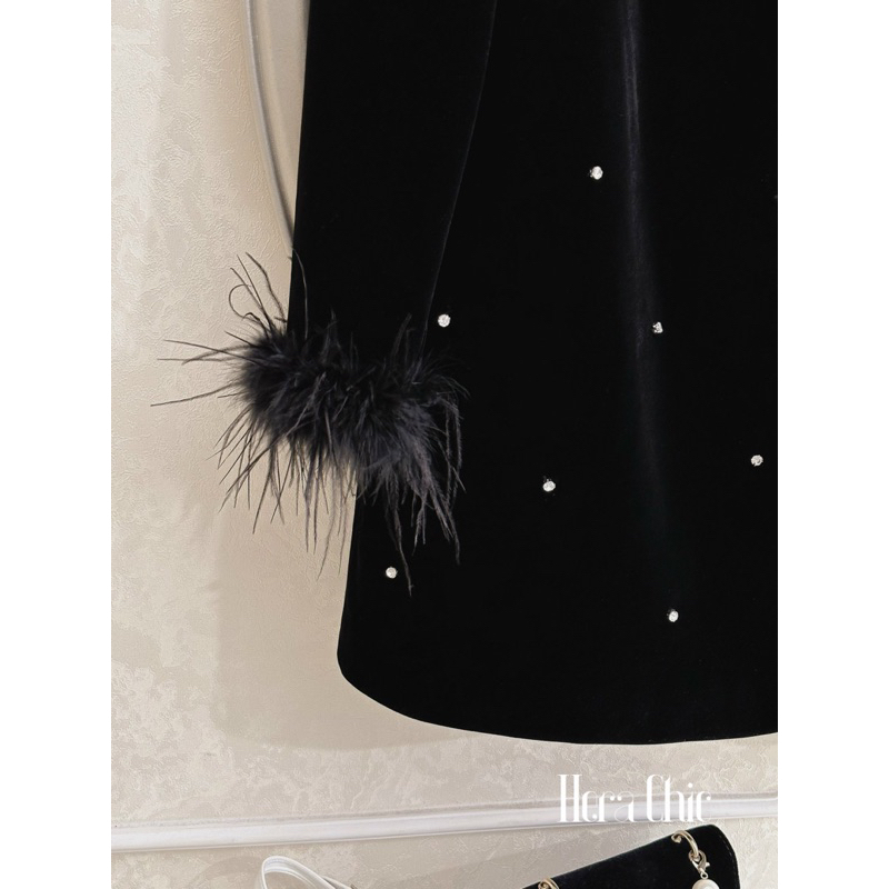 Váy Nhung KATTY DRESS  chất nhung mềm cao cấp phối lông cổ tay HERA CHIC thiết kế
