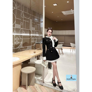 Đầm đen phối trắng cổ nơ thanh lịch