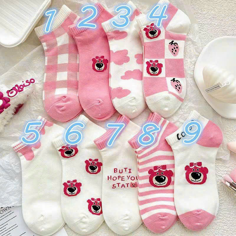 Set 5 đôi tất cổ ngắn hoạ tiết gấu dâu lotso siêu dễ thương