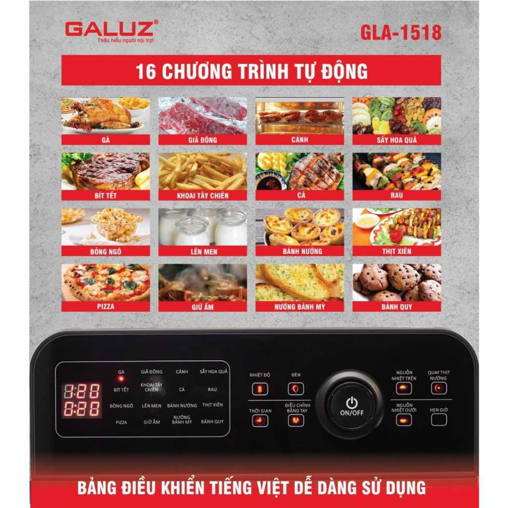 Nồi chiên không dầu Galuz GLA 1518 , dung tích 15L , 16 chức năng chiên nướng công suất 1800W