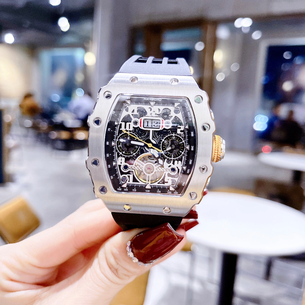 Đồng Hồ Nam Hanboro 900-1 Vành Trơn - Dây Silicone, Size 48x52mm