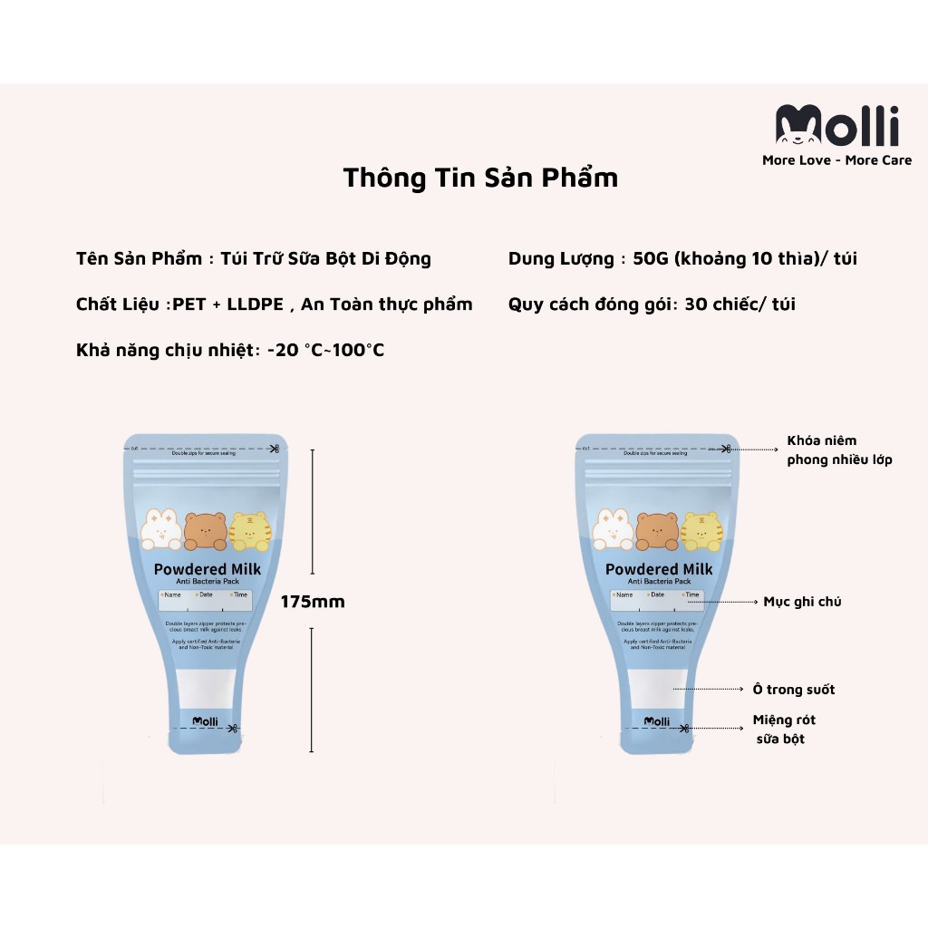 Túi Trữ Sữa Bột Molli - Đựng được tất cả thực phẩm dưới dạng bột