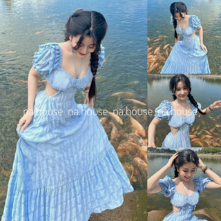 Đầm đi biển cổ yếm dáng dài hở lưng khoét eo Nahouse váy trễ vai xanh dương đi chơi du lịch thiết kế đẹp xinh xịn sang