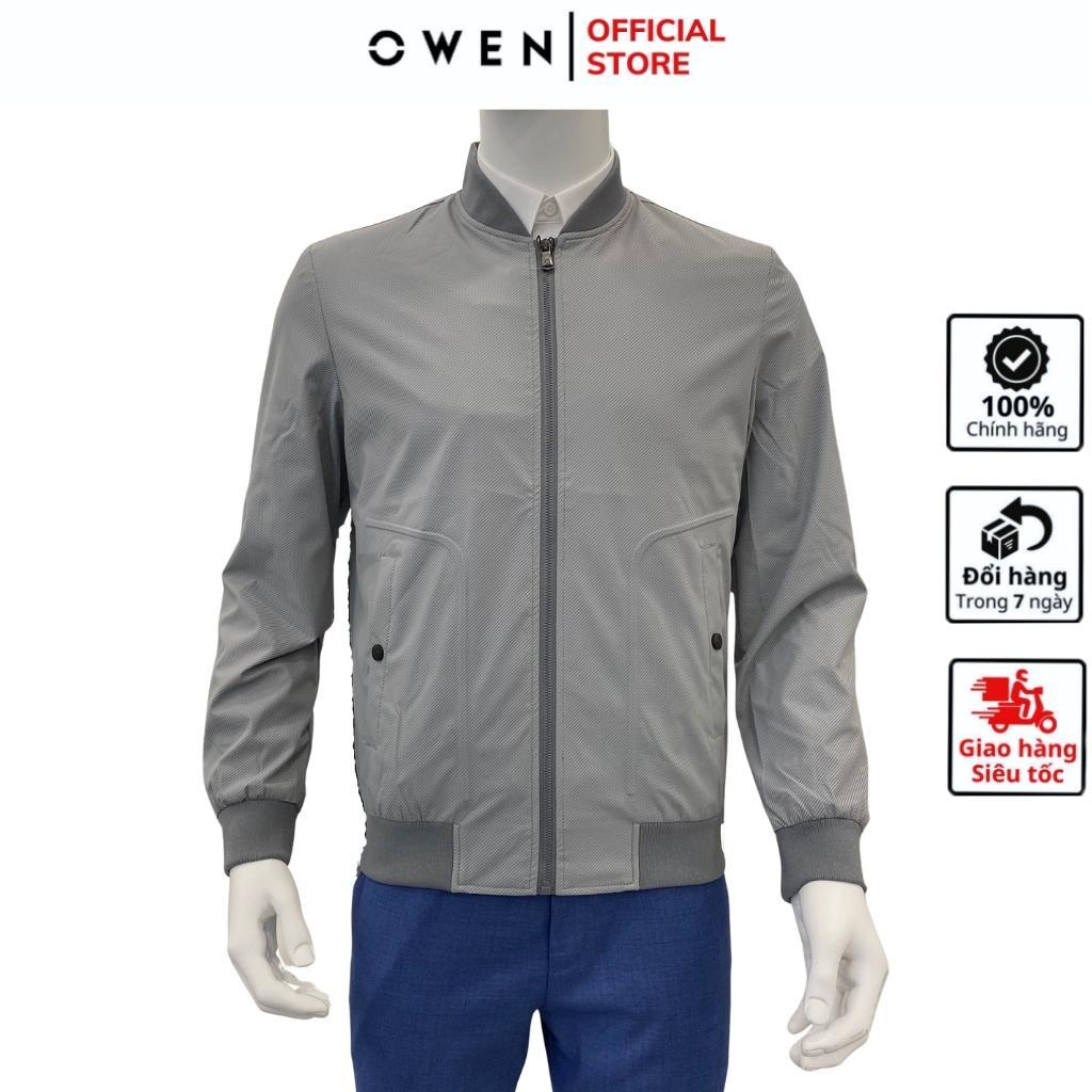 Áo khoác bomber nam Owen JK231606 jacket nhẹ 2 lớp màu light grey họa tiết vải polyester dáng suông bo cổ tay và gấu