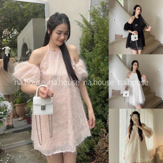 Đầm cổ yếm trễ vai lông vũ đi chơi đi biển dạo phố Nahouse váy yếm babydoll dáng suông thiết kế đẹp xin xịn sang trọng