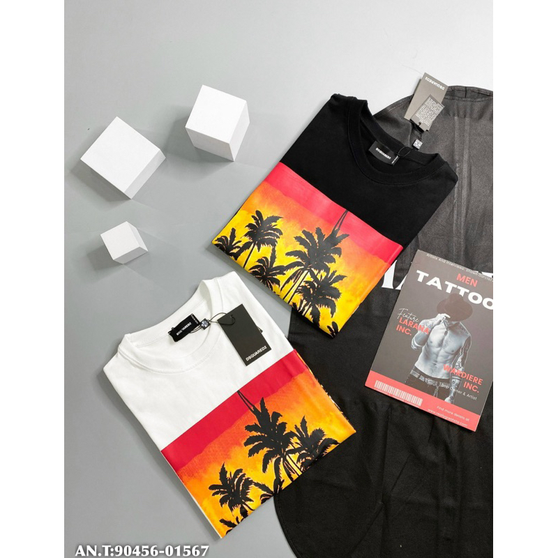 Áo thun nam nữ hoạ tiết dsq cây dừa ngang,áo phông cộc tay đơn giản hình cây dừa