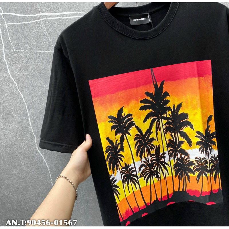 Áo thun nam nữ hoạ tiết dsq cây dừa ngang,áo phông cộc tay đơn giản hình cây dừa