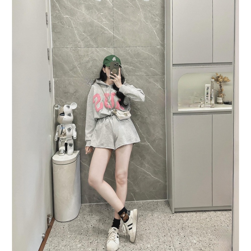 Sét bộ nữ dài tay kèm quần short 4US mũ trùm  hót hít về hàng phong cách hàn quốc