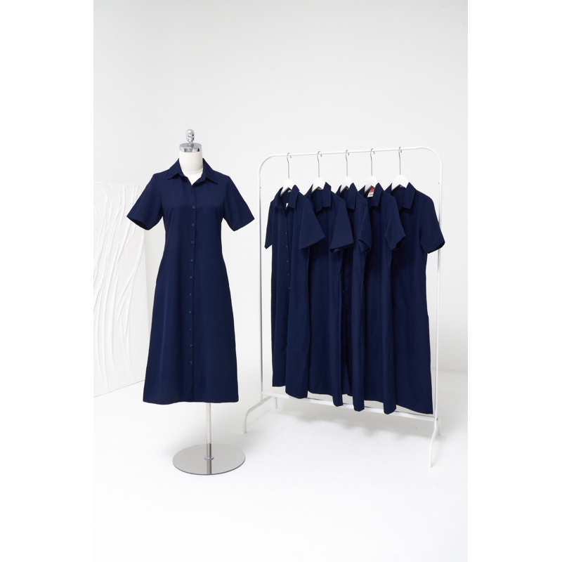 Đầm sơ mi công sở tay ngắn xanh đen