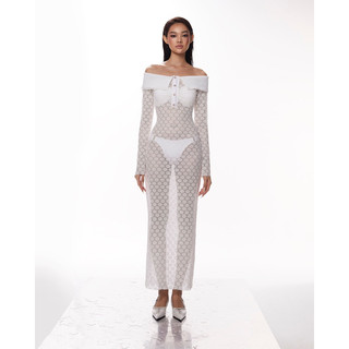 LACE - Váy NiNi trễ vai đi biển xuyên thấu hoạ tiết hoa cúc