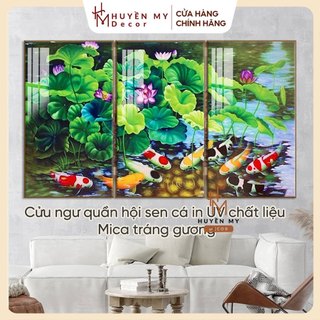 Tranh gương pha lê ❣️ Freeship ❣️ Cửu ngư quần hội sen cá in UV chất liệu Mica tráng gương