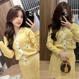 Set váy dài tay thu đông và chân váy ngắn phối cúc cho nữ