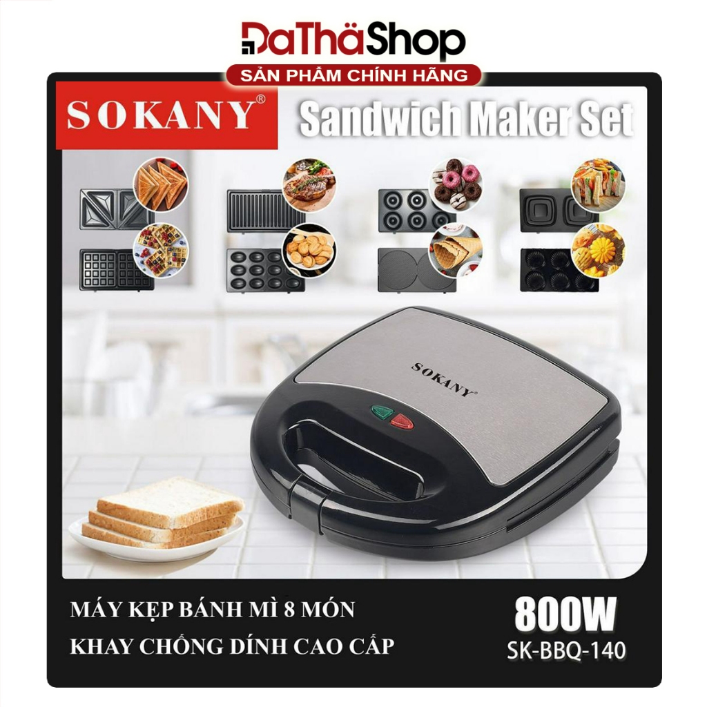 Máy Kẹp Bánh Mì SOKANY 8 Khay Chống Dính Tốt, Công Suất Lớn Tới 800W Giúp Máy Nướng Bánh Nhanh Chóng