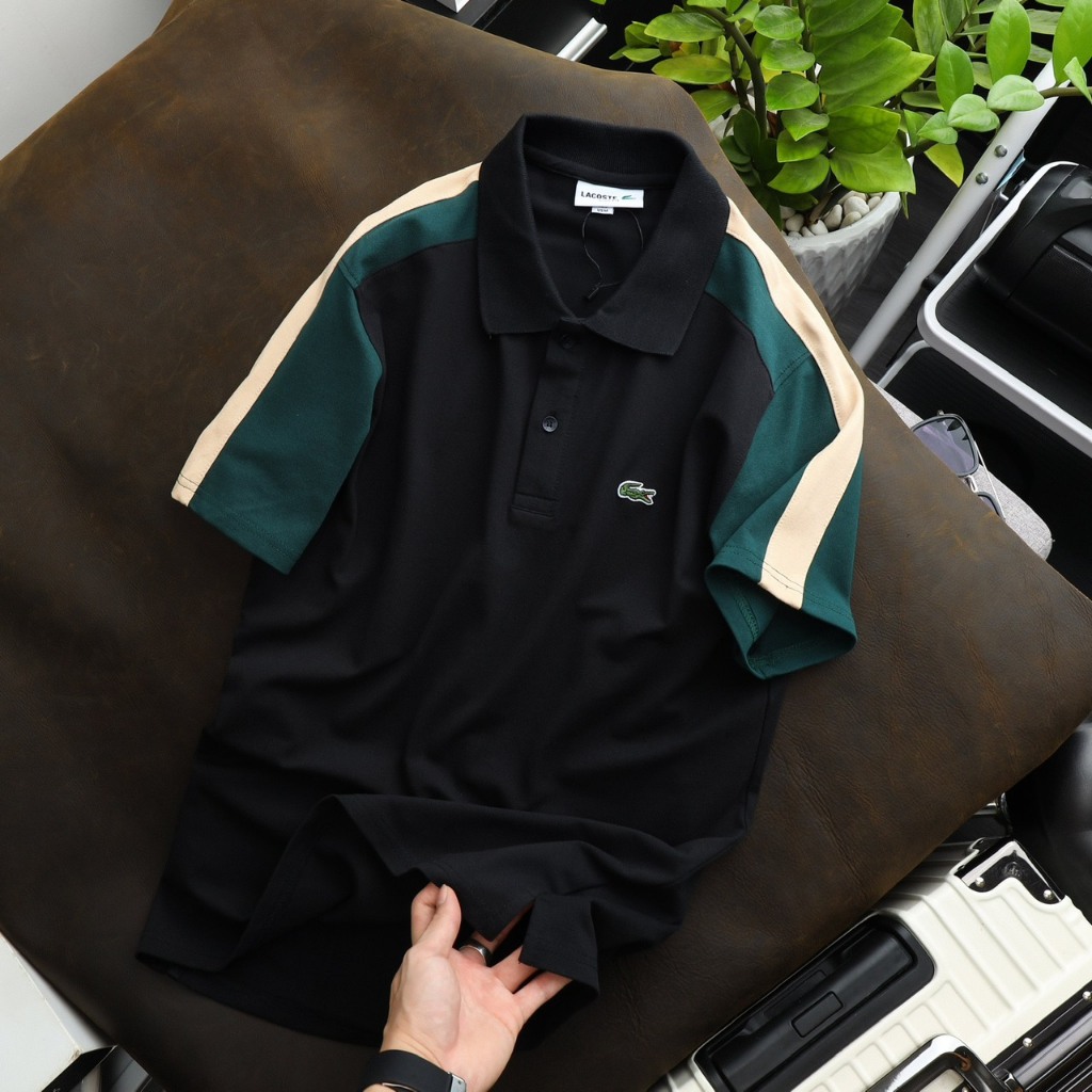 Áo thun Polo lacos.te vải cá sấu cotton co dãn và thấm hút tốt viền 2 màu từ cổ xuống tay áo