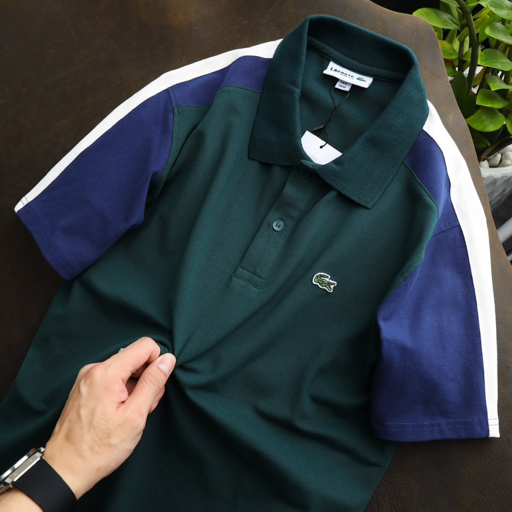 Áo thun Polo lacos.te vải cá sấu cotton co dãn và thấm hút tốt viền 2 màu từ cổ xuống tay áo