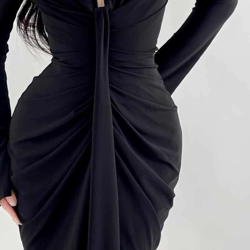 Đầm Body Sơ Mi Tay Loe Nhún Vạt Giữa Ôm Body Sexy