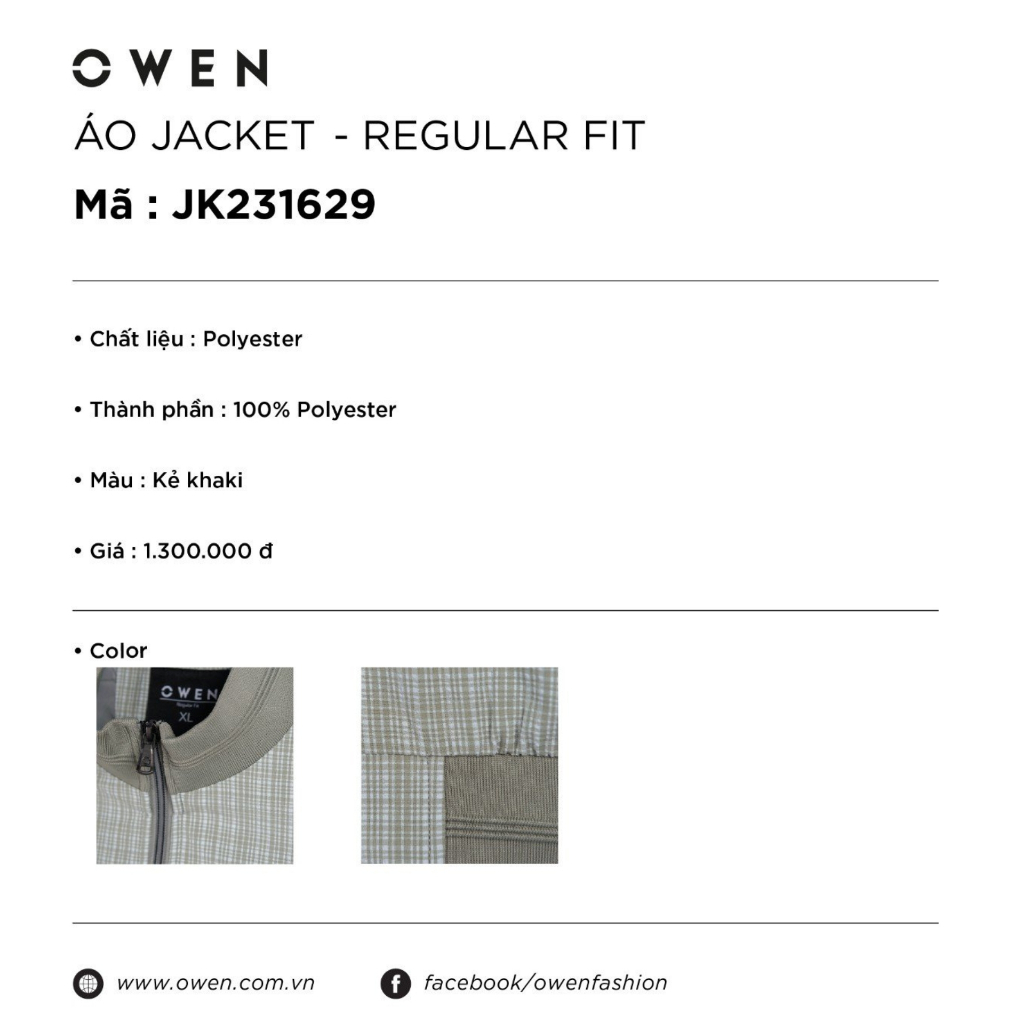 Áo khoác bomber nam Owen JK231629 jacket nhẹ 2 lớp màu xanh lá nhạt vải polyester dáng suông bo cổ tay và gấu