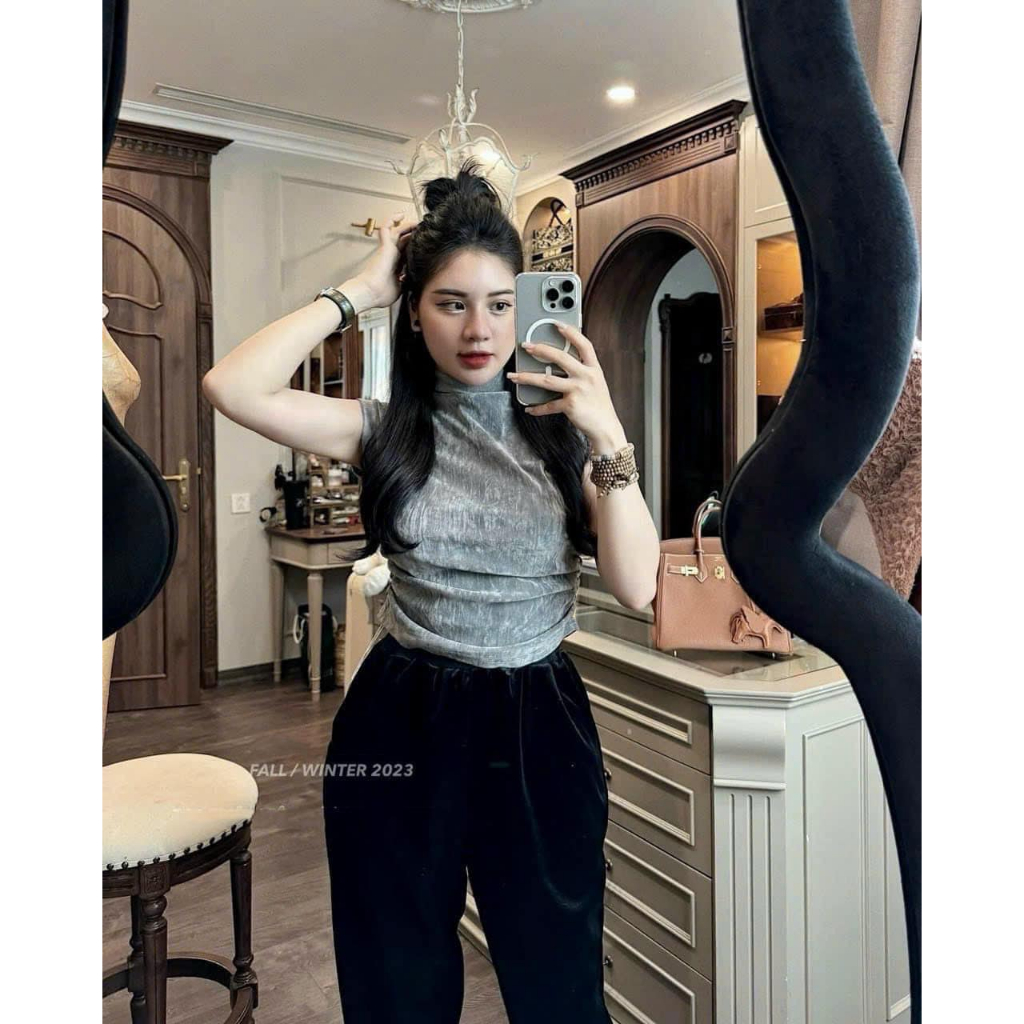 Áo tuyết nhung cổ 2 phân kèm tag nhún 3 màu