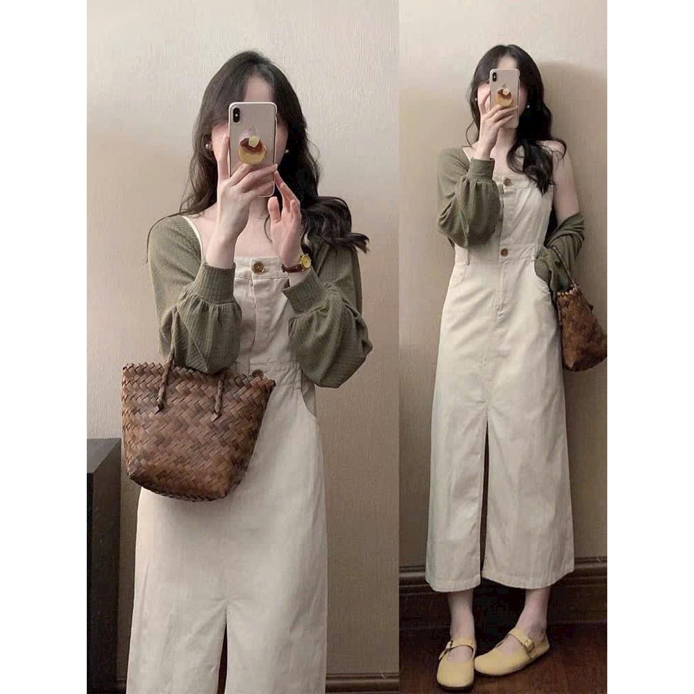 Set Váy Nữ Midi Kaki Xẻ Tà Trước Kèm Áo Khoác Thun Gân Tay Lồng Đèn Phong Cách Hàn Quốc