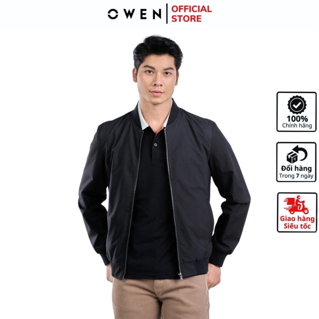 Áo khoác bomber nam Owen JK231604 jacket nhẹ 2 lớp màu đen họa tiết vải polyester dáng suông bo cổ tay và gấu