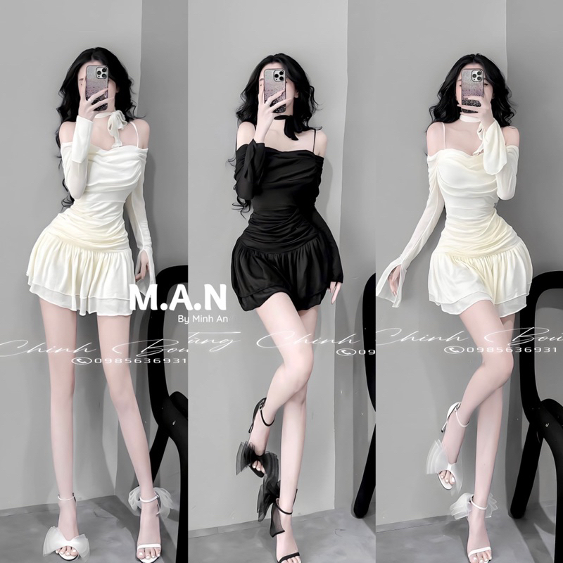 Váy bèo lưới trễ vai kèm hoa