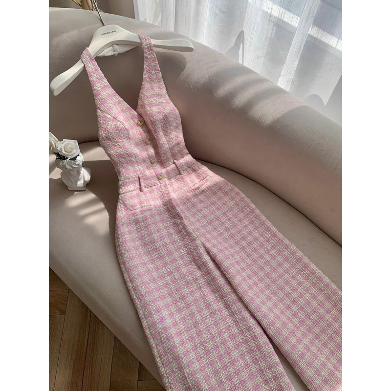 Jumpsuit caro hồng LéNa cổ yếm ống xuông