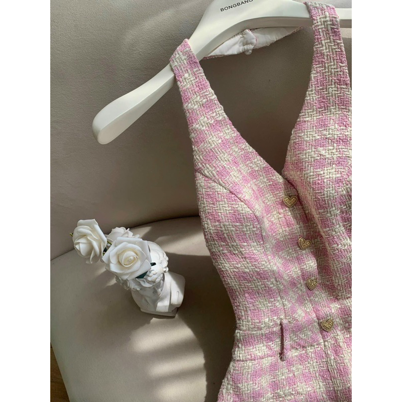 Jumpsuit caro hồng LéNa cổ yếm ống xuông