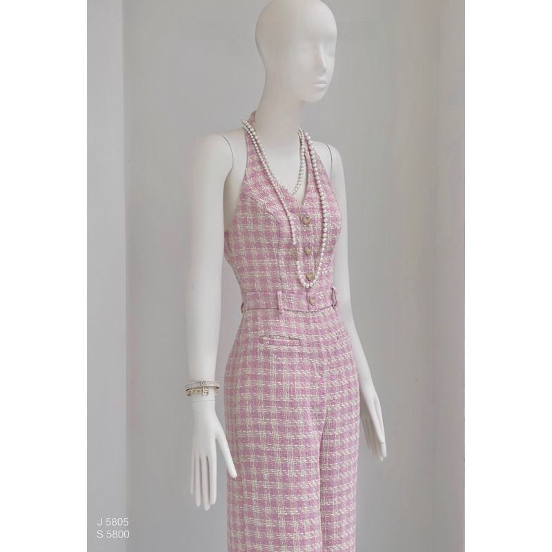 Jumpsuit caro hồng LéNa cổ yếm ống xuông