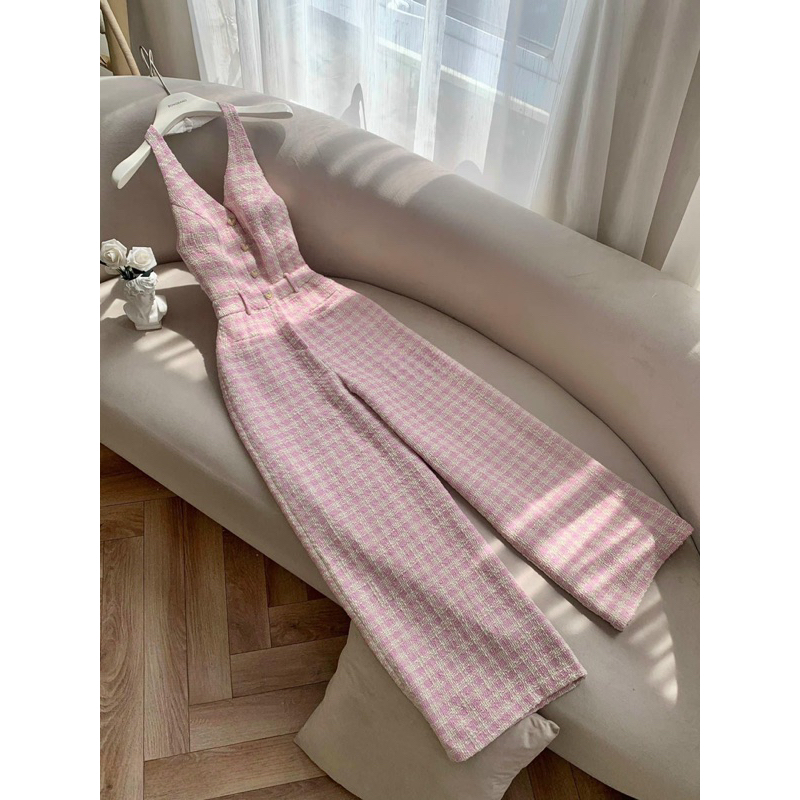 Jumpsuit caro hồng LéNa cổ yếm ống xuông