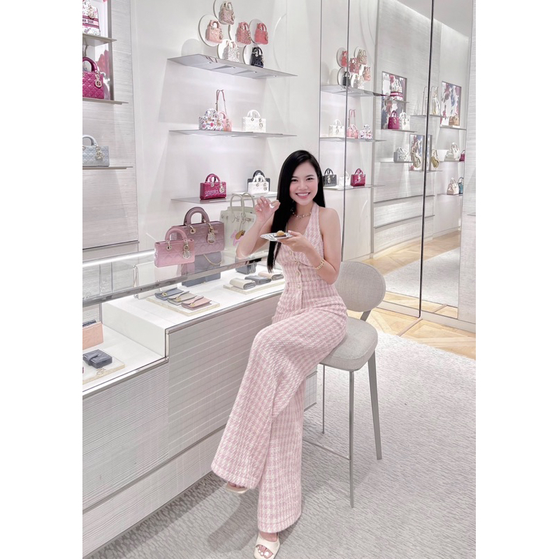 Jumpsuit caro hồng LéNa cổ yếm ống xuông