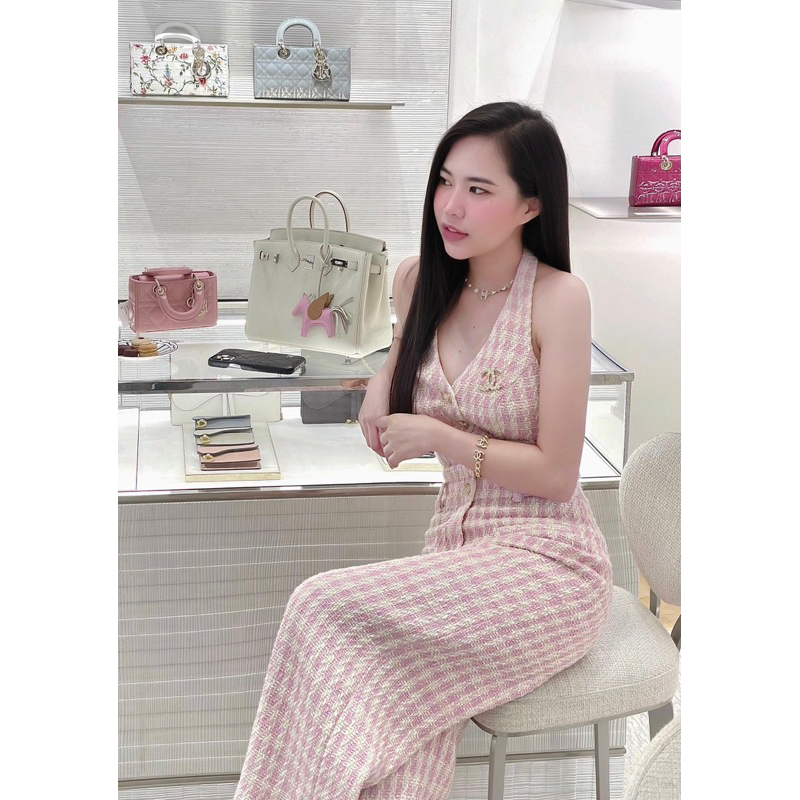 Jumpsuit caro hồng LéNa cổ yếm ống xuông