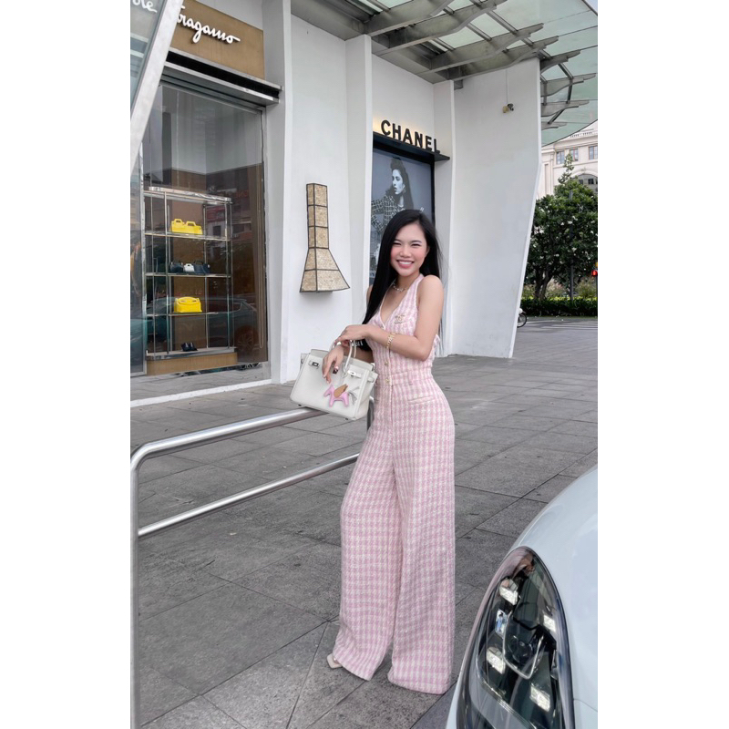 Jumpsuit caro hồng LéNa cổ yếm ống xuông