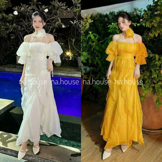 Đầm trễ vai dự tiệc sang trọng kèm choker cổ Nahouse maxi tơ vàng trắng bèo tà thiết kế đẹp xinh