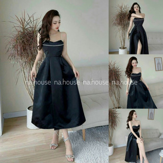Váy 2 dây đen dự tiệc sang trọng, đầm xẻ tà dáng dài Nahouse váy tafta xòe đi chơi đi sinh nhật thiết kế đẹp và xinh xắn